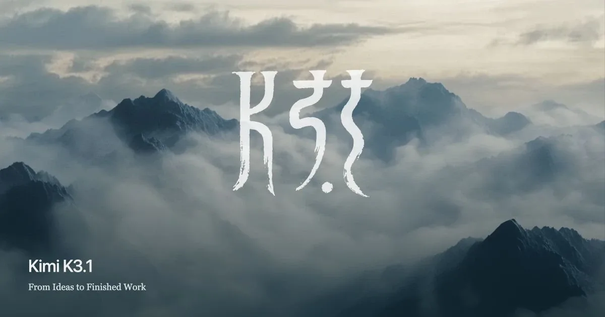 Kimi K3.1 launch artwork from Moonshot AI over misty mountain peaks
