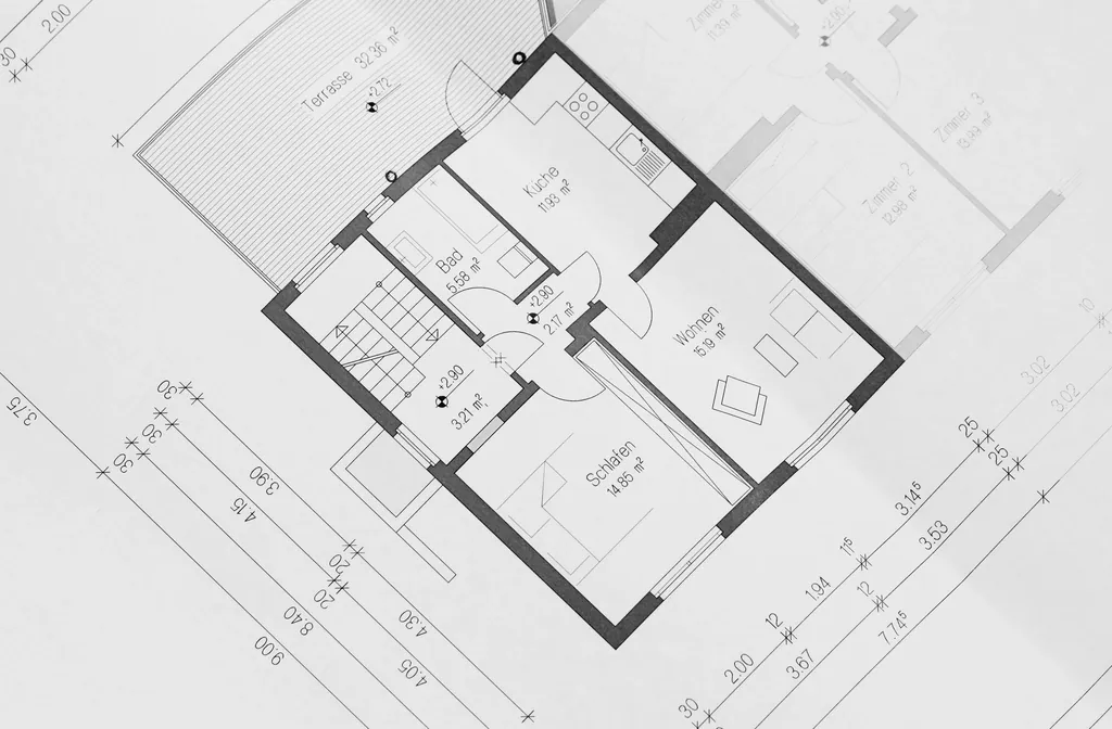 Architectural floor plan drawing, like a checkout layout with defined extension targets