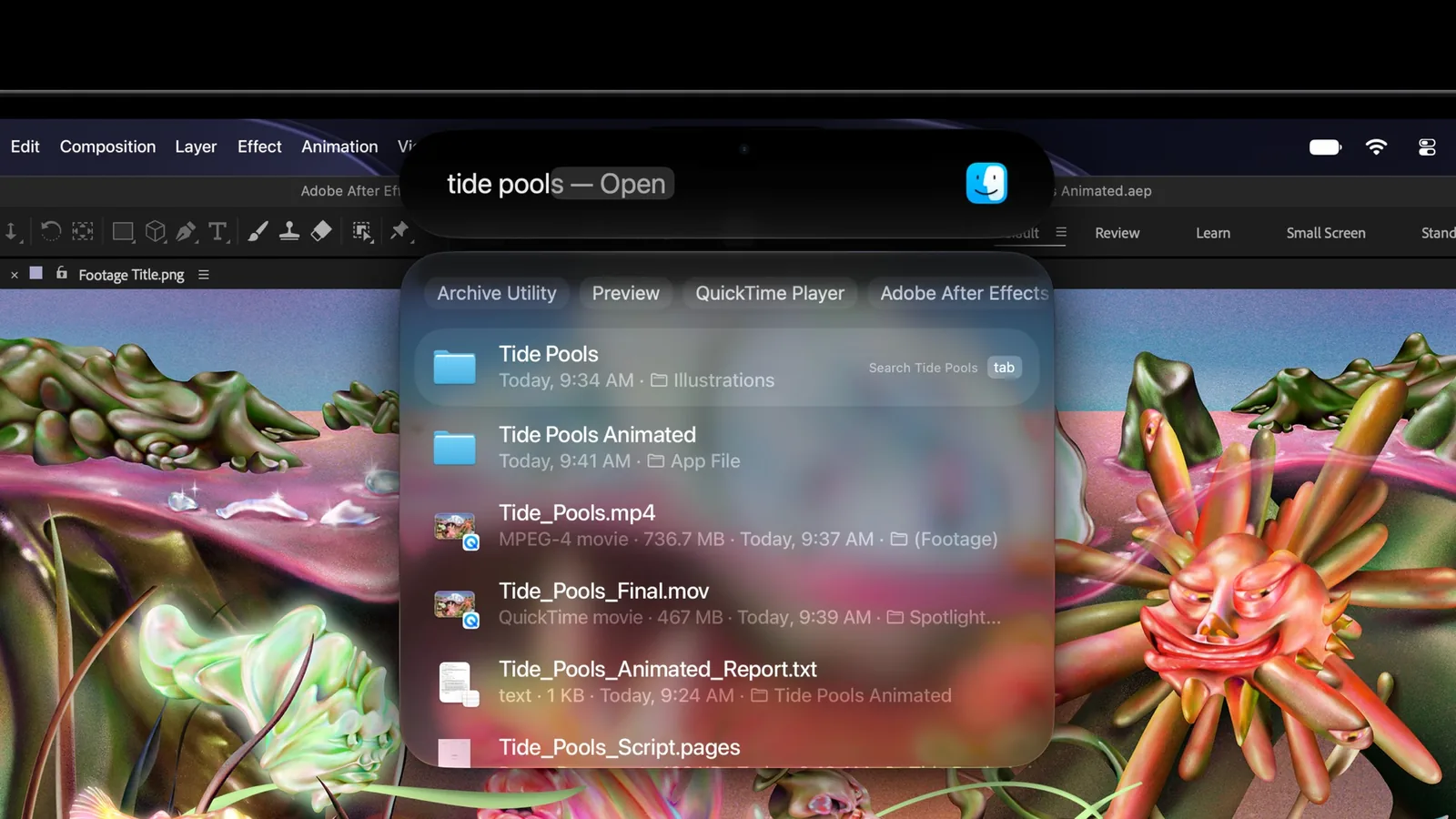 Dynamic Island on the new OLED MacBook Pro showing Spotlight search