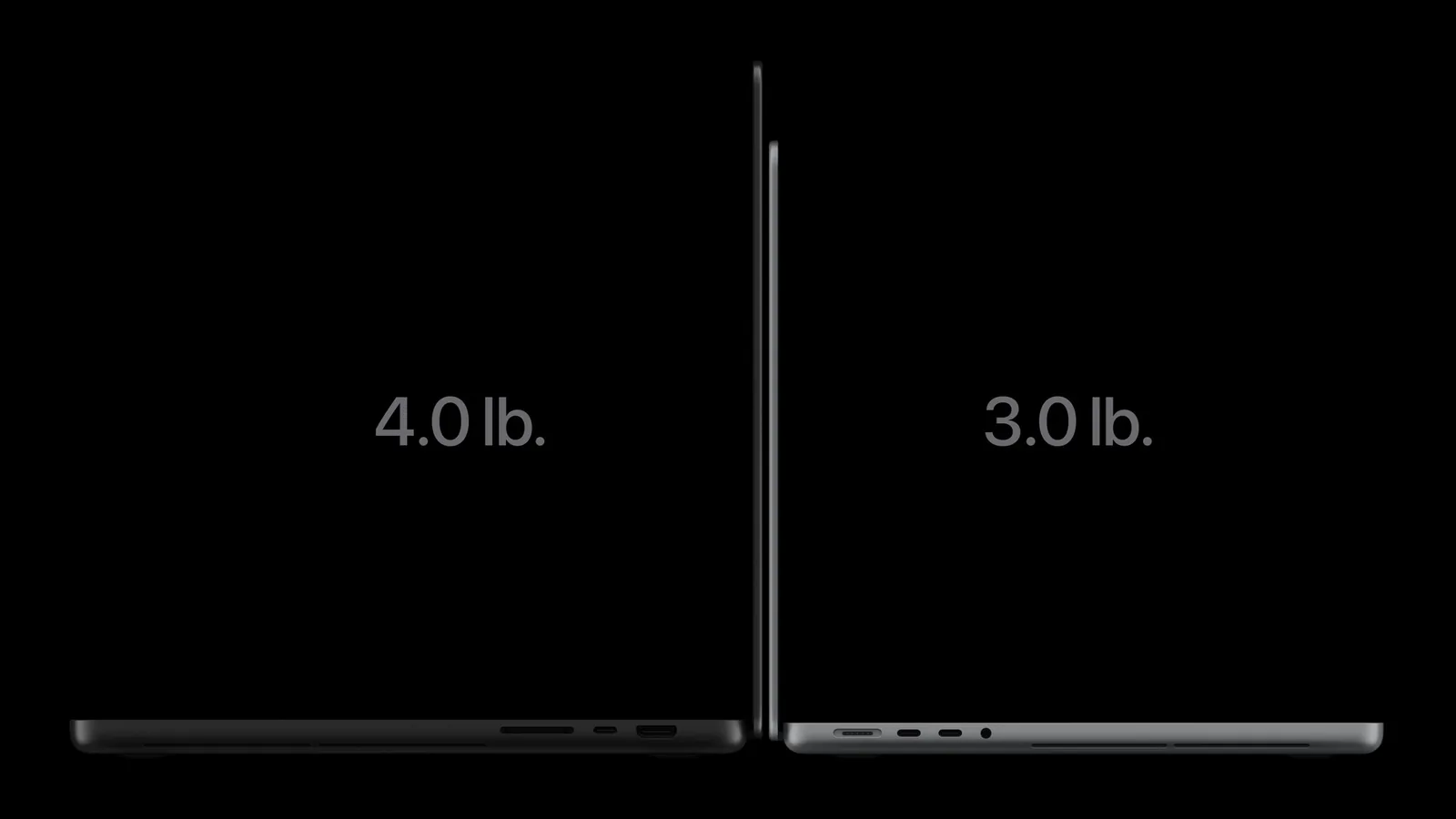 Side profile of the 16-inch and 14-inch OLED MacBook Pro showing 4.0 lb and 3.0 lb weights