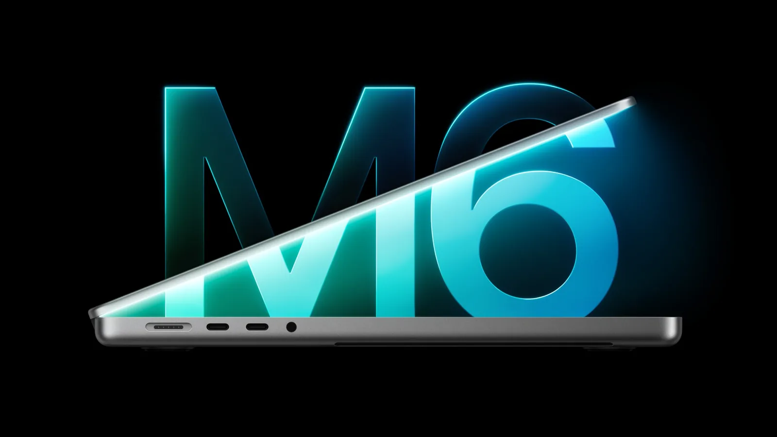 Side view of the new 14-inch MacBook Pro with M6 in front of a glowing M6 logo