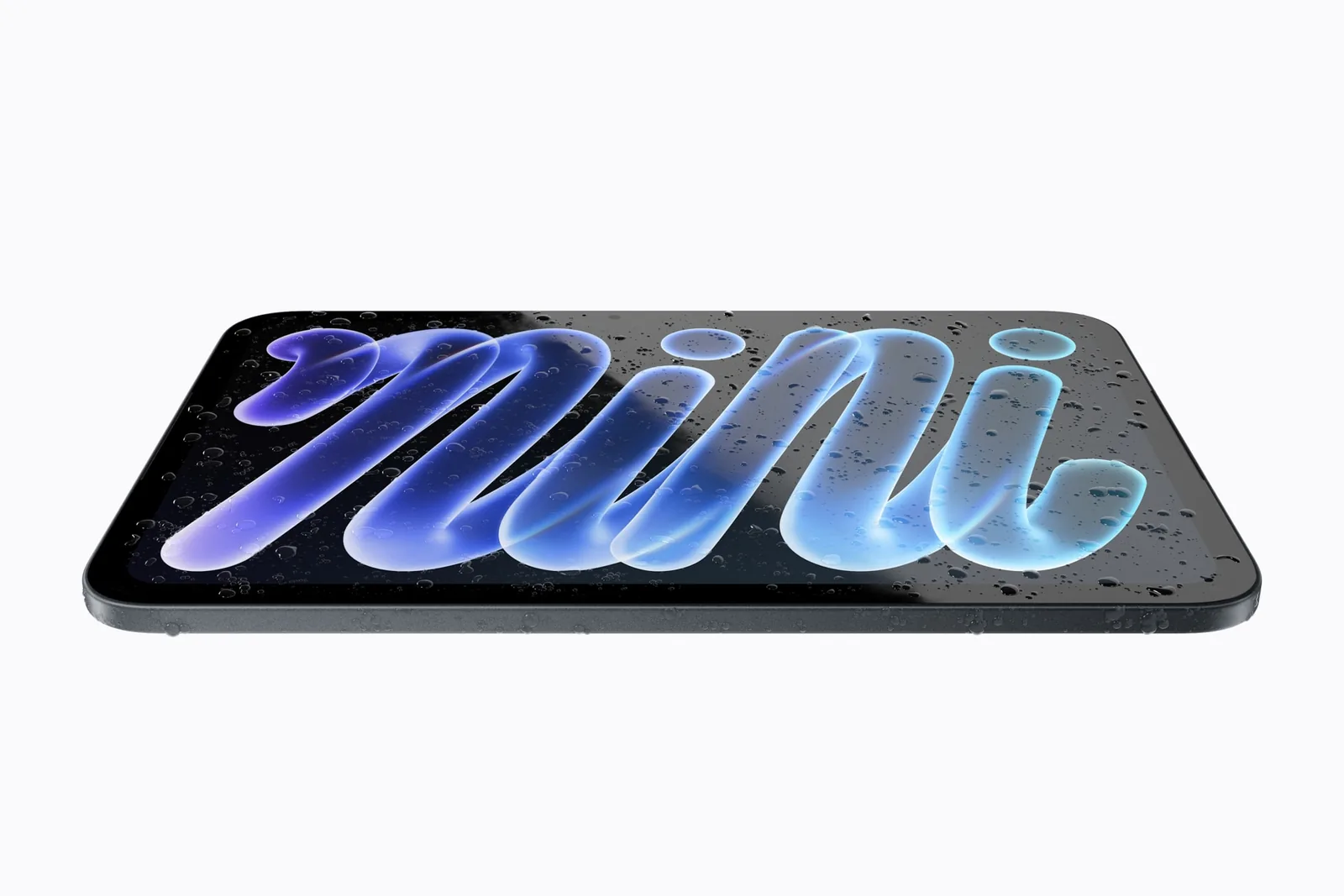 New iPad mini with OLED display lying flat with water droplets showing IP67 water resistance