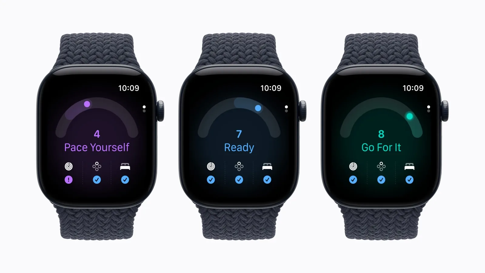 Apple Watch Series 12 showing readiness scores of Pace Yourself, Ready and Go For It