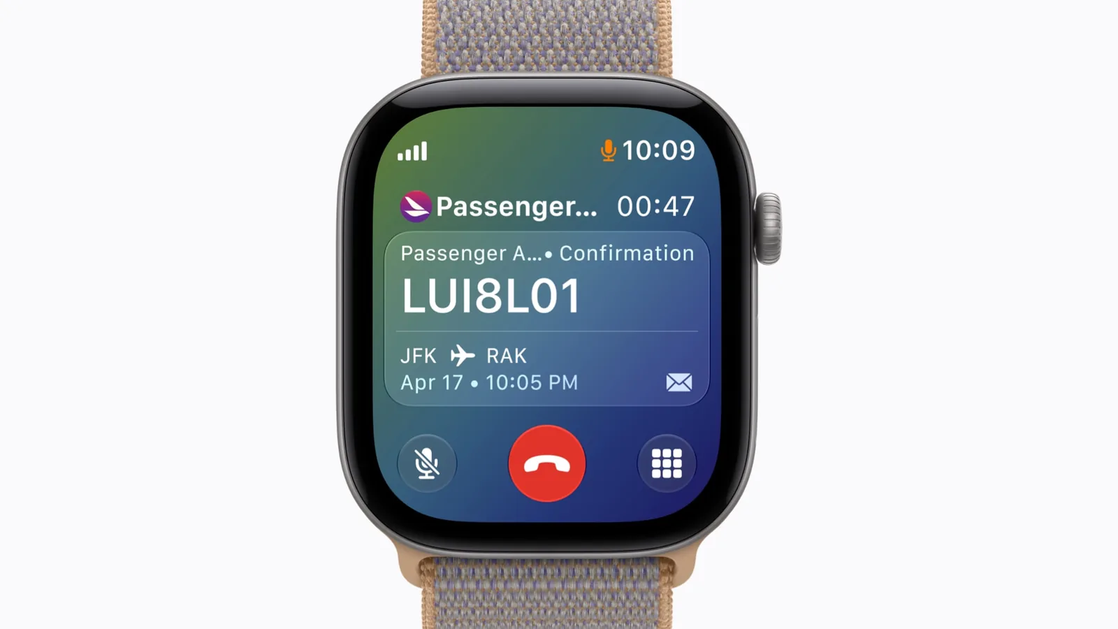 Call Context on Apple Watch showing a flight confirmation code during a call