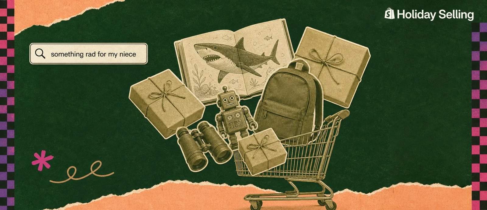 Shopify holiday selling artwork with a shopping cart of gifts and an AI style search for a niece