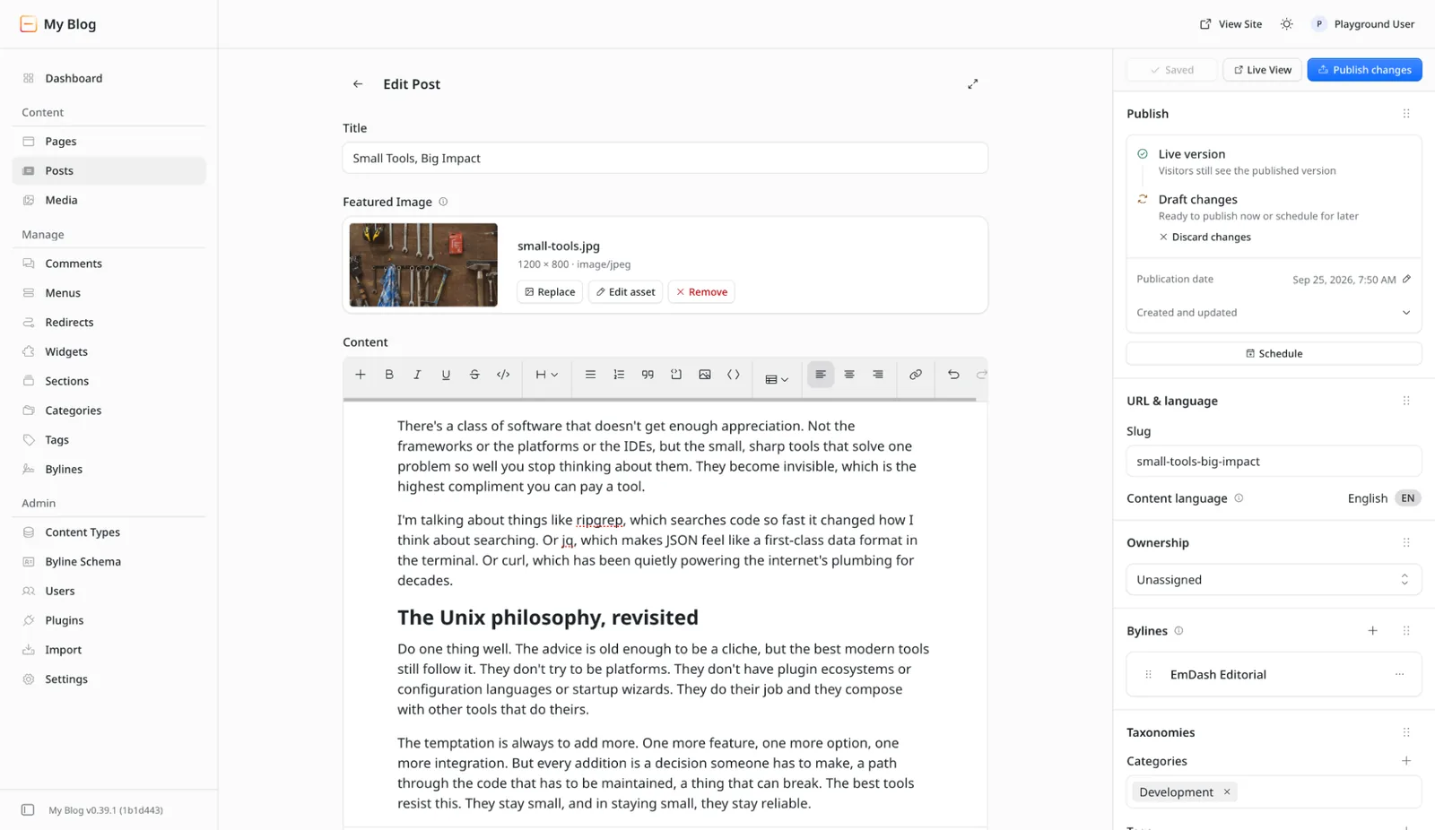 EmDash CMS editor from Cloudflare Birthday Week 2026 showing a blog post with title, featured image and publish settings
