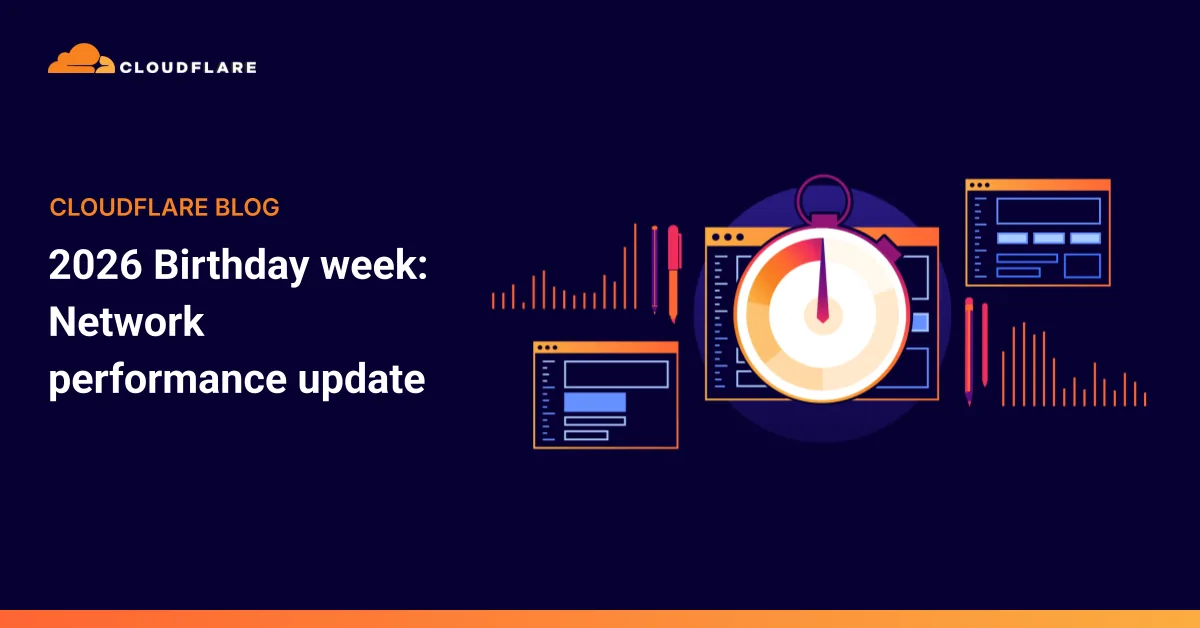 Cloudflare Birthday Week 2026 network performance update graphic with a stopwatch and browser windows