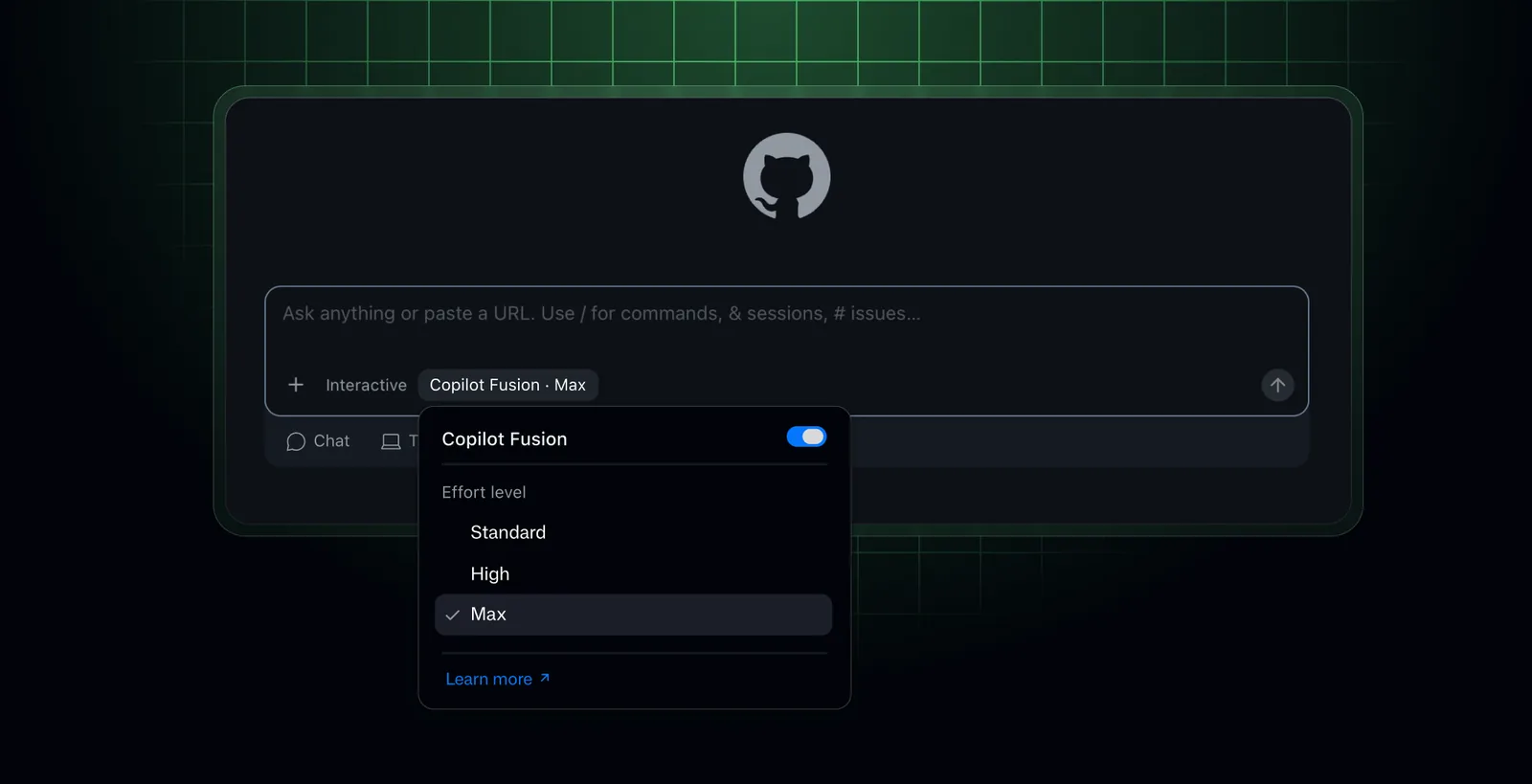 GitHub Universe 2026 Copilot Fusion menu with Standard, High and Max effort levels