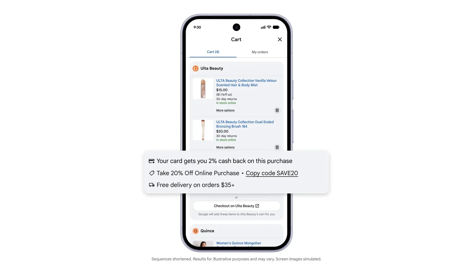 Google Universal Cart showing card cash back, a promo code and free delivery offer in the cart