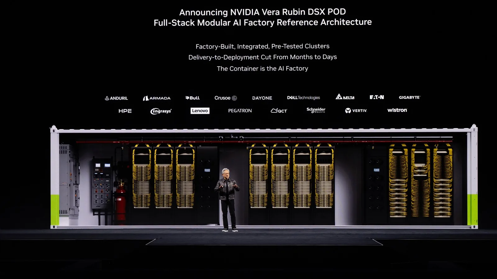 Nvidia Vera Rubin DSX POD modular AI factory container presented on stage at GTC Berlin 2026