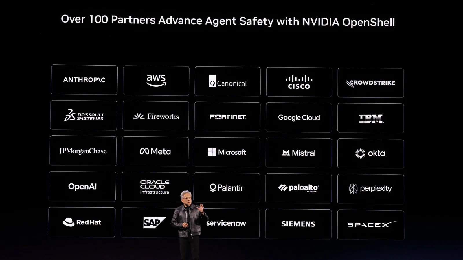 Keynote slide at GTC Berlin 2026 listing over 100 partners for Nvidia OpenShell agent safety including Mistral, SAP and Siemens