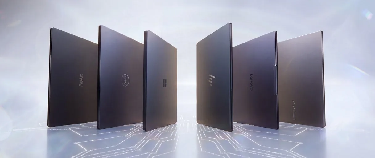 Six Nvidia RTX Spark laptops from ASUS, Dell, Microsoft, HP, Lenovo and MSI standing side by side