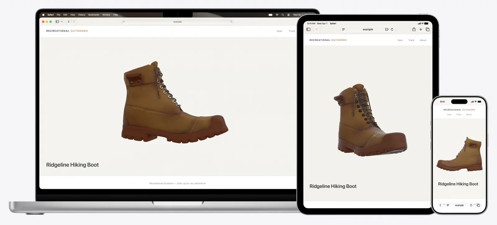 Safari 27 model element showing a 3D hiking boot product on a Mac, iPad and iPhone
