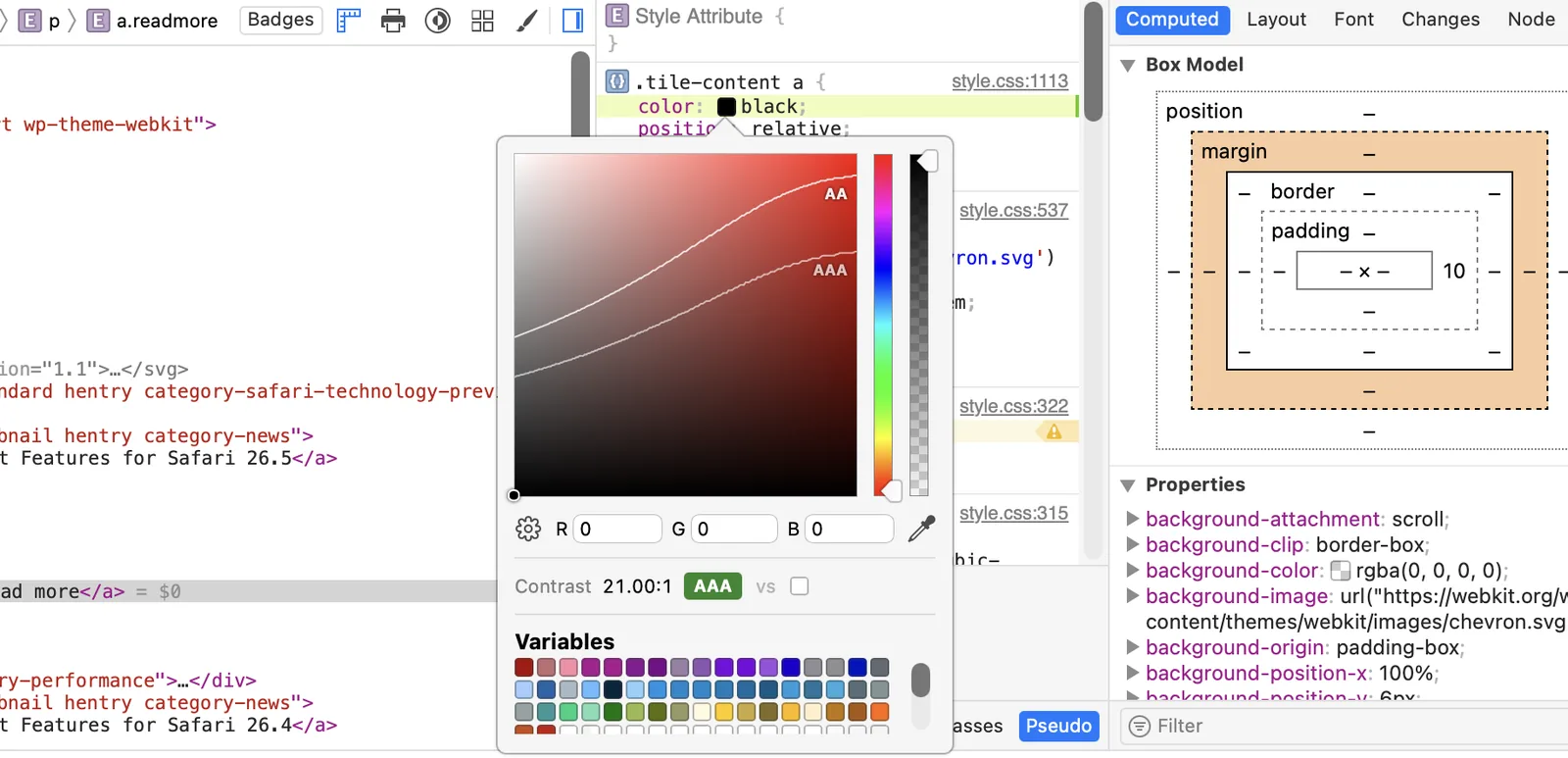Safari 27 Web Inspector color picker showing a 21 to 1 contrast ratio and AAA accessibility rating