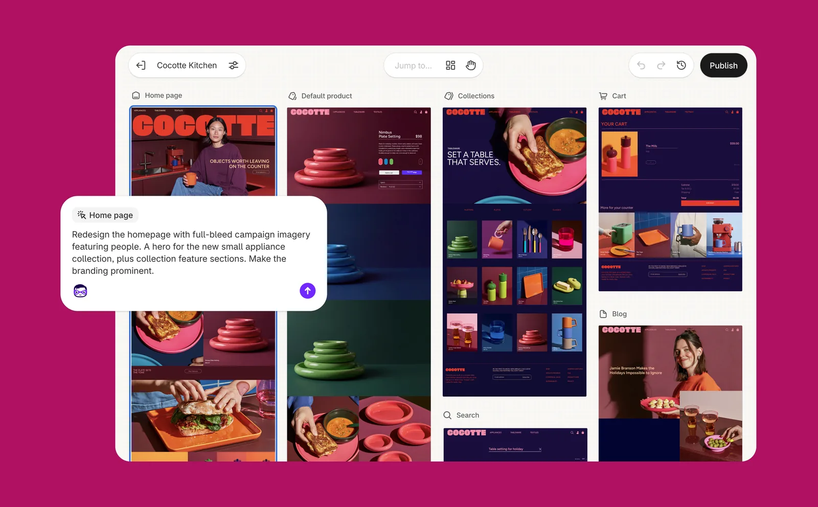 Shopify Canvas showing store pages side by side with a Sidekick redesign prompt