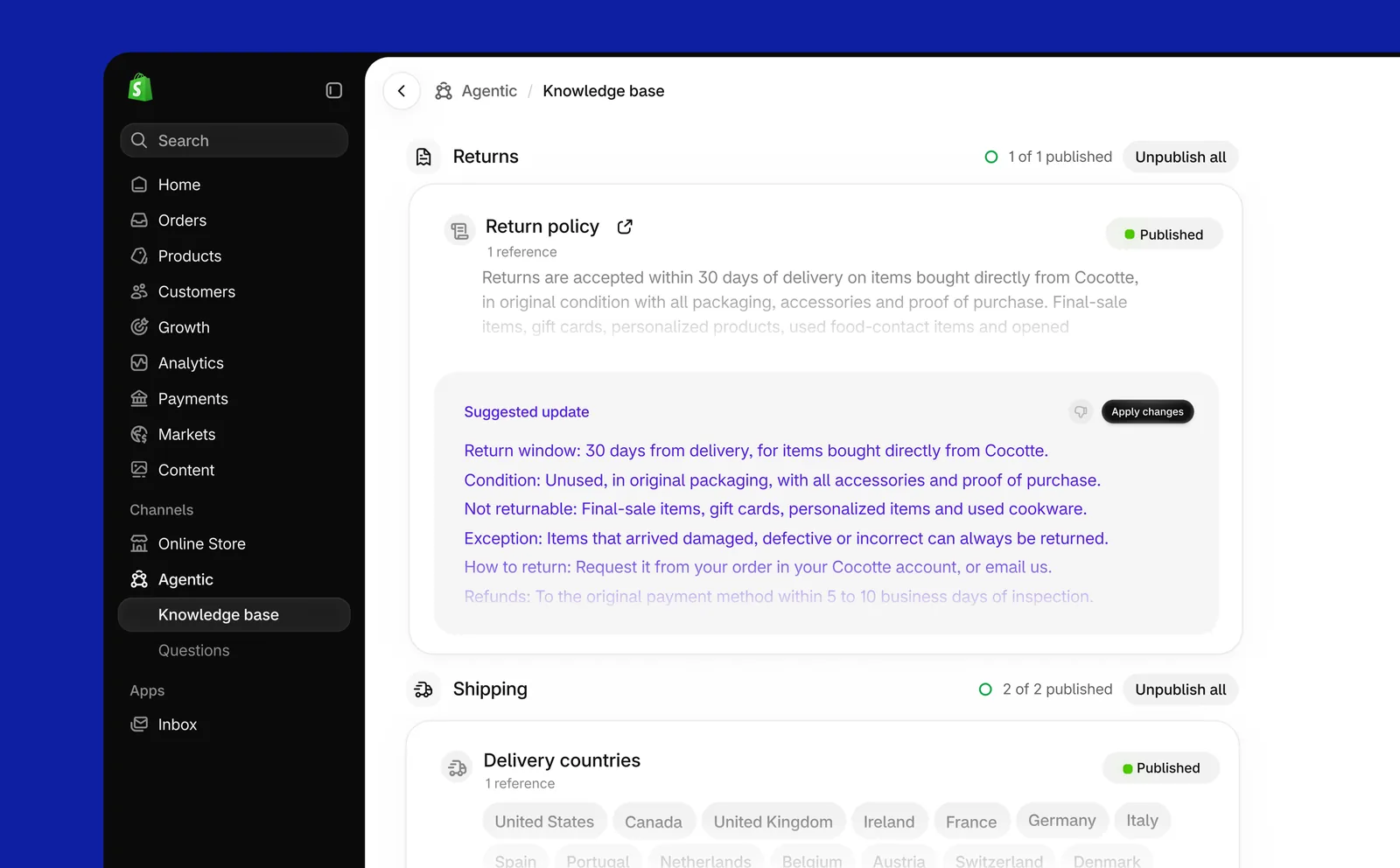 Shopify admin Knowledge base page under Agentic with a published return policy
