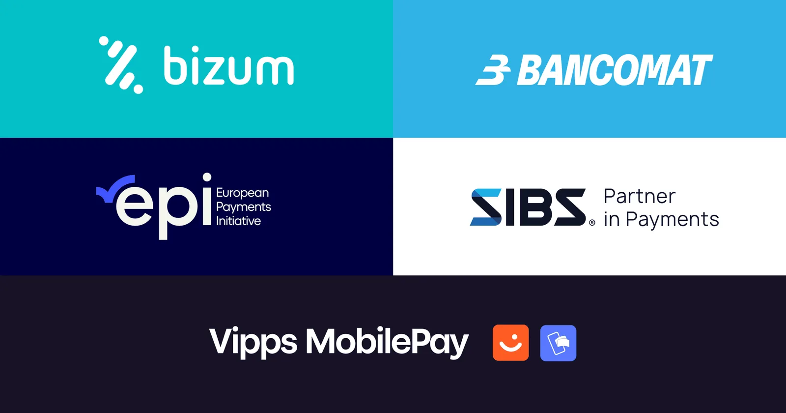 Logos of Bizum, Bancomat, EPI, SIBS and Vipps MobilePay, founders of the European Network for Payments